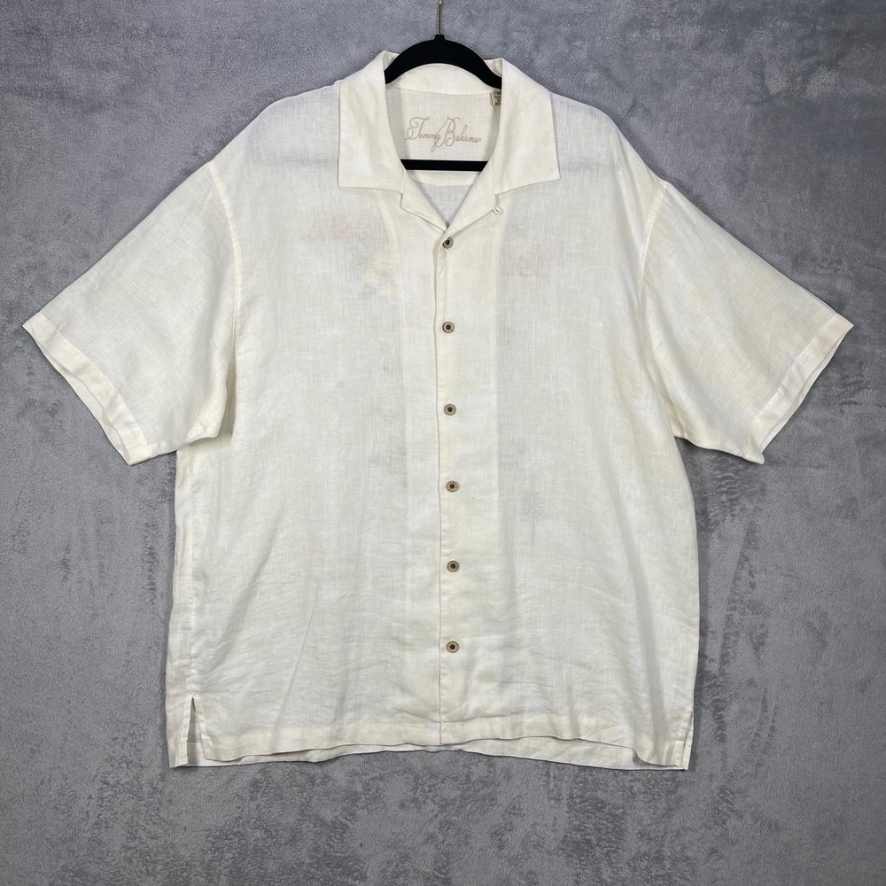 Tommy Bahama Shirt Mens XL White‎ 100% Linen Graphic Map Protected Wild Life